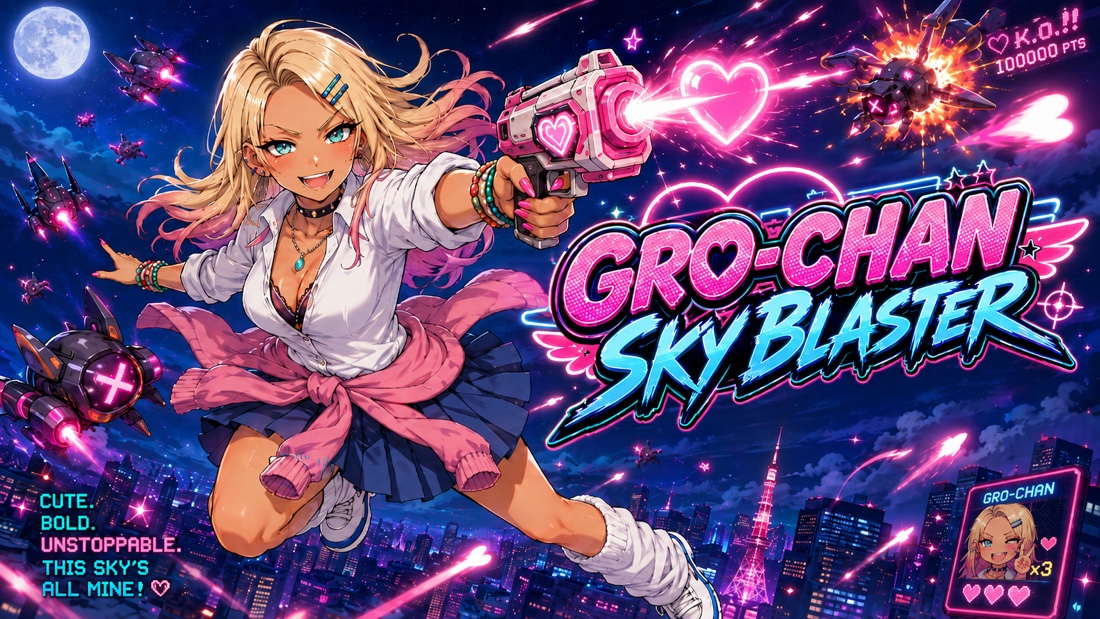ぐろちゃんがネオンに輝く東京の夜空でハートブラスターを構えるGRO-CHAN SKY BLASTERのキービジュアル