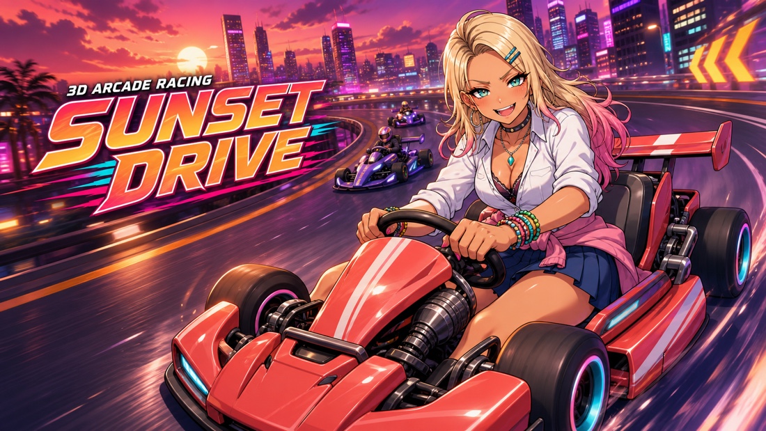 ギャルのレーサーが夕暮れの都市をカートで駆け抜けるSUNSET DRIVEのイメージビジュアル