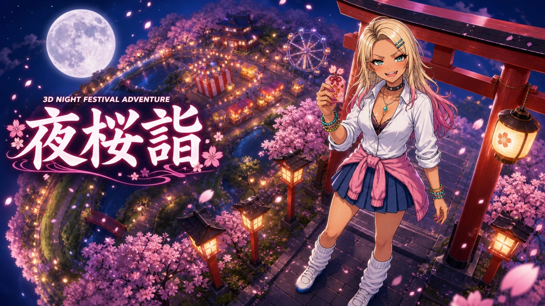 満月と夜桜に包まれた小さな星の神社をギャルが巡る夜桜詣のイメージビジュアル